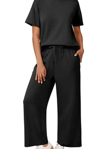 Willluxe® Women's 2-Piece Crew Neck Short Sleeve Casual Set – Soft Rayon Wide-Leg Pants Set