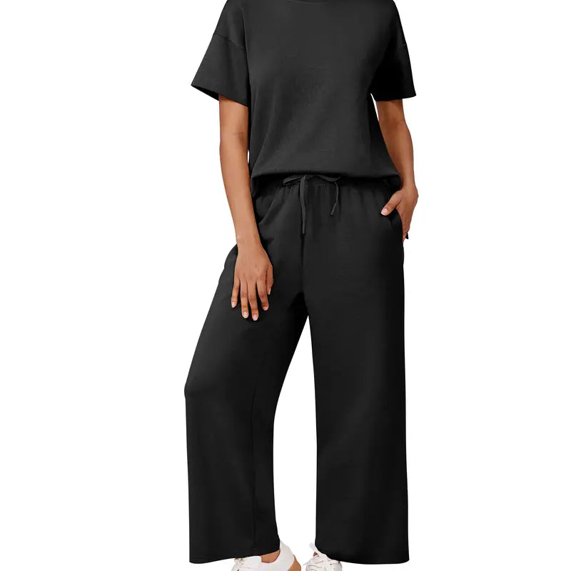 Willluxe® Women's 2-Piece Crew Neck Short Sleeve Casual Set – Soft Rayon Wide-Leg Pants Set