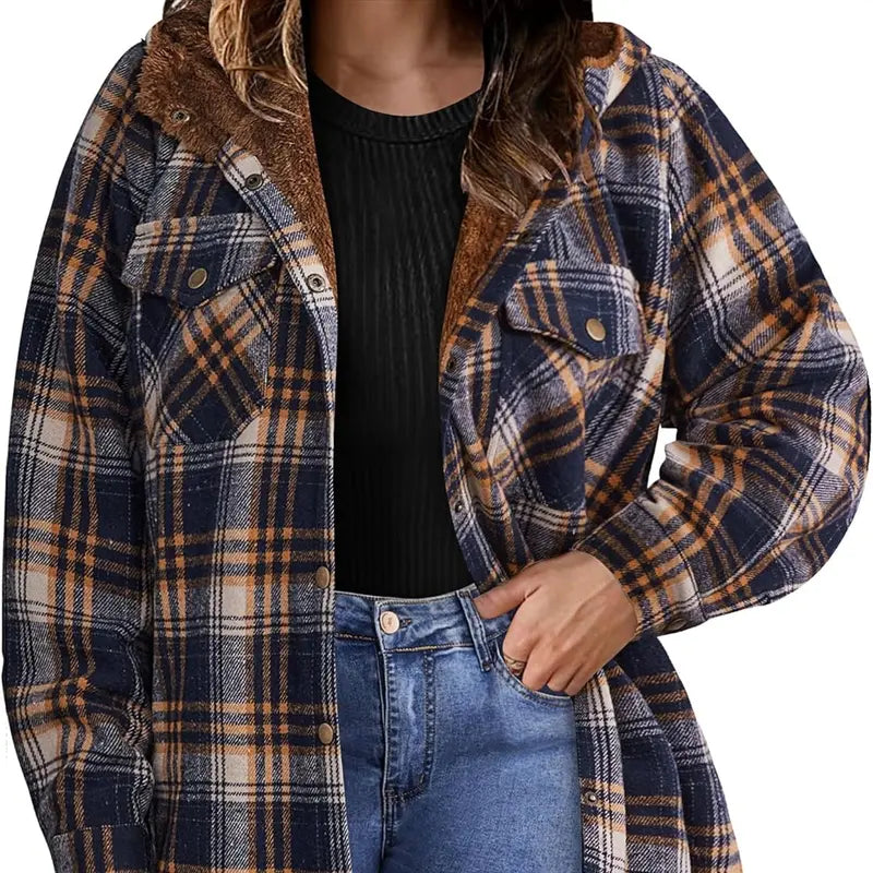 Plus Size Womens Flannel Plaid Shacket Long Sleeve Button Down Fleece Hooded Jacket Willluxe Store