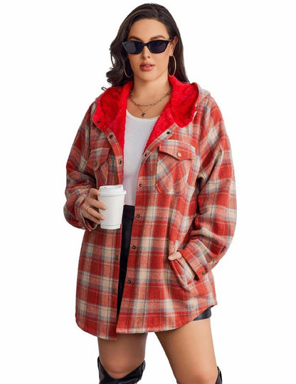 Plus Size Womens Flannel Plaid Shacket Long Sleeve Button Down Fleece Hooded Jacket Willluxe Store
