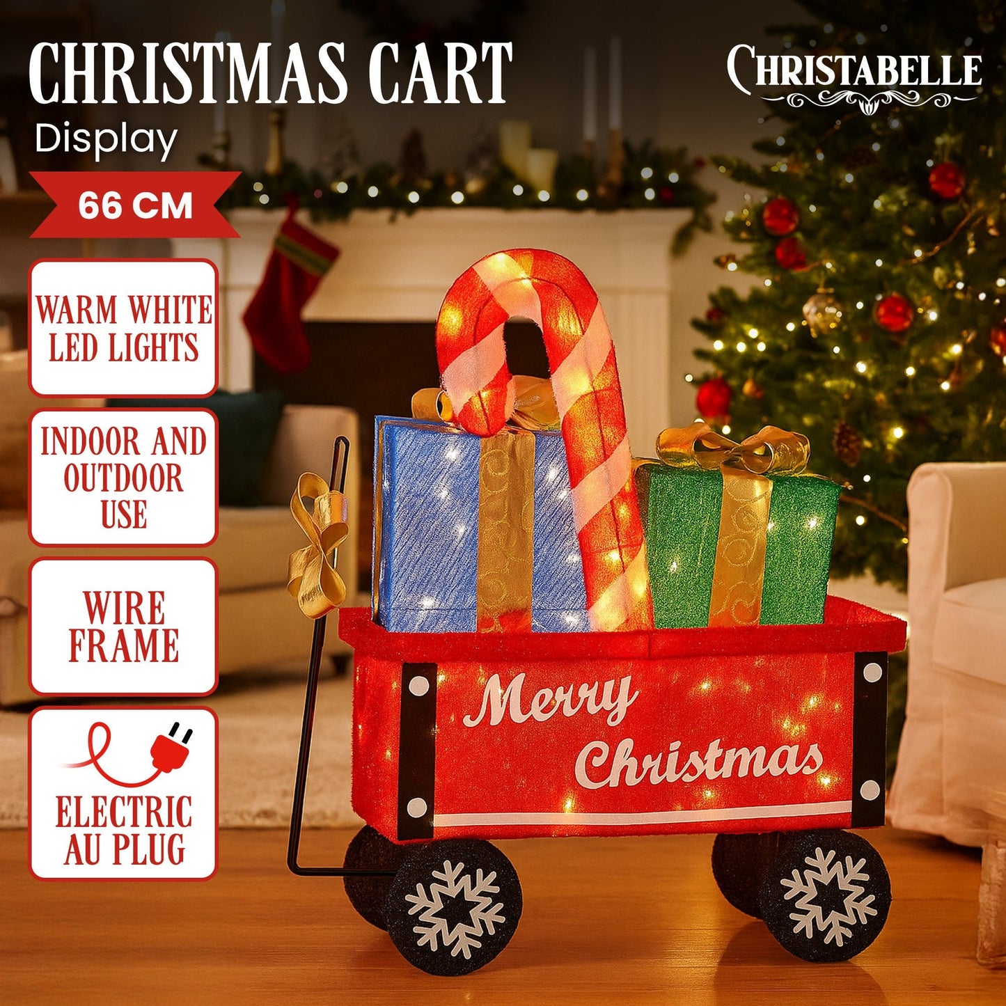 Christabelle Christmas Cart Display with Candy Cane & Presents Warm White LED Lights