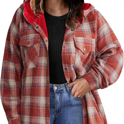 Plus Size Womens Flannel Plaid Shacket Long Sleeve Button Down Fleece Hooded Jacket Willluxe Store