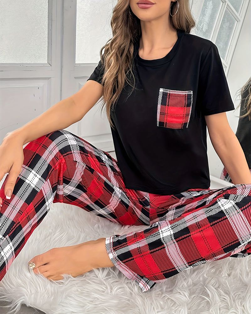 Willluxe® CozyWear – Black Short-Sleeve & Red Plaid Pajama Pants Set