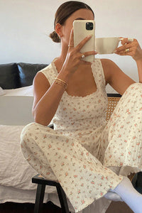 Willluxe® DreamWear – White Floral Short-Sleeve Pajama Set with Long Pants🤍