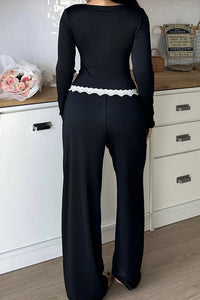 Willluxe® CozyEase – Black Long-Sleeve Lace-Trim Pajama Set