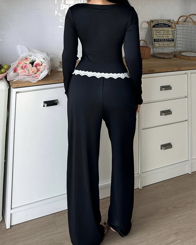 Willluxe® CozyEase – Black Long-Sleeve Lace-Trim Pajama Set