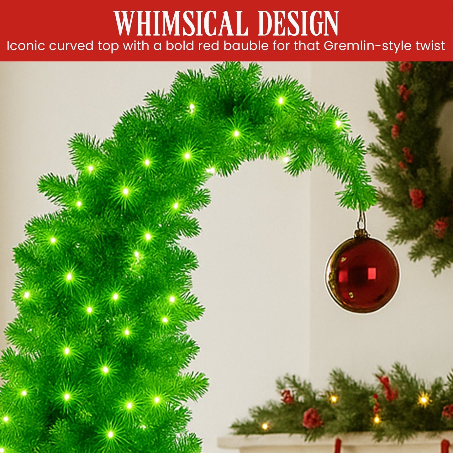 Christabelle 7.5ft Christmas Gremlin Tree Curved Top Red Bauble LED Lights