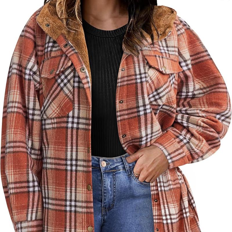 Plus Size Womens Flannel Plaid Shacket Long Sleeve Button Down Fleece Hooded Jacket Willluxe Store
