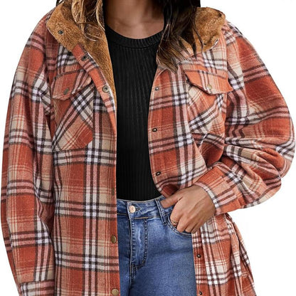 Plus Size Womens Flannel Plaid Shacket Long Sleeve Button Down Fleece Hooded Jacket Willluxe Store