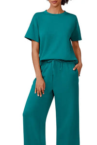 Willluxe® Women's 2-Piece Crew Neck Short Sleeve Casual Set – Soft Rayon Wide-Leg Pants Set