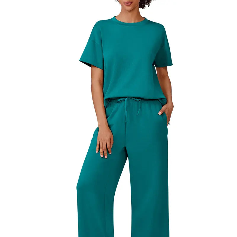 Willluxe® Women's 2-Piece Crew Neck Short Sleeve Casual Set – Soft Rayon Wide-Leg Pants Set