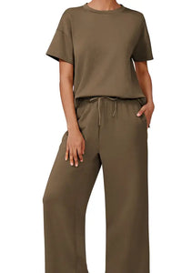 Willluxe® Women's 2-Piece Crew Neck Short Sleeve Casual Set – Soft Rayon Wide-Leg Pants Set