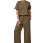 Willluxe® Women's 2-Piece Crew Neck Short Sleeve Casual Set – Soft Rayon Wide-Leg Pants Set