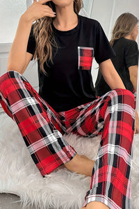 Willluxe® CozyWear – Black Short-Sleeve & Red Plaid Pajama Pants Set
