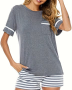 Willluxe® CozyWear – Gray Short-Sleeve Striped Pajama Set