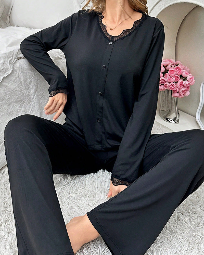Willluxe® DreamWear – Black Elegant Long-Sleeve Pajama Set