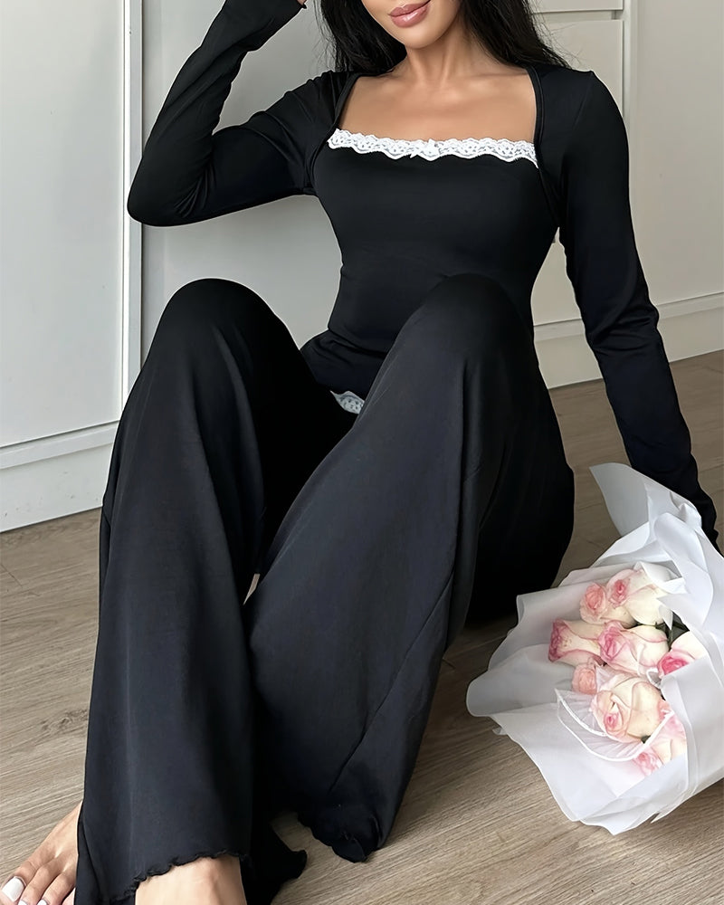 Willluxe® CozyEase – Black Long-Sleeve Lace-Trim Pajama Set