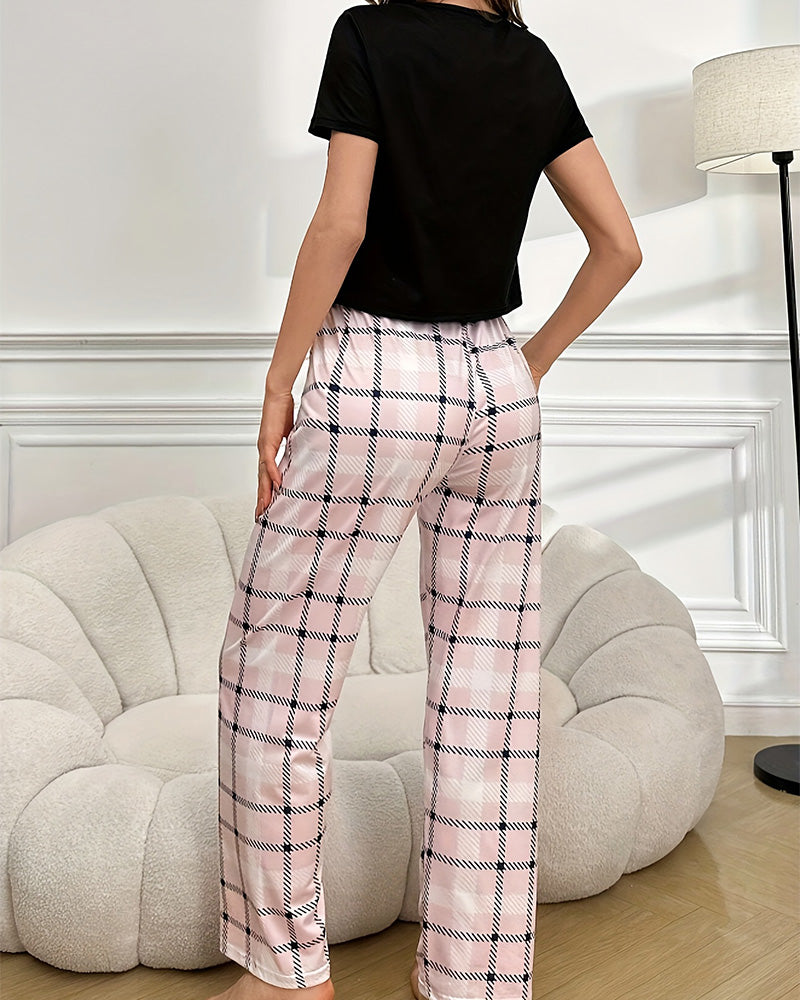 Willluxe® CozyWear – Black Short-Sleeve Pajama Set with Pink Striped Pants