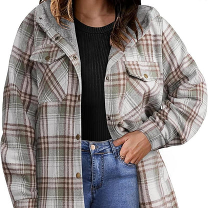 Plus Size Womens Flannel Plaid Shacket Long Sleeve Button Down Fleece Hooded Jacket Willluxe Store