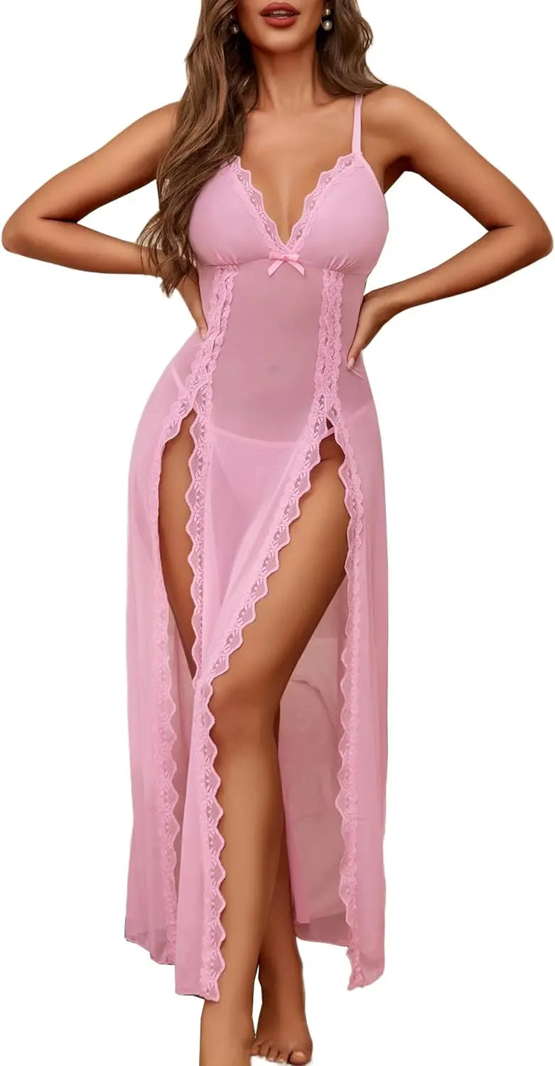Willluxe® Lace Chemise Sexy Mesh Nightdress V Neck Side Split Nightgown Willluxe Store