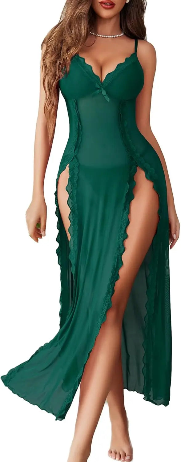 Willluxe® Lace Chemise Sexy Mesh Nightdress V Neck Side Split Nightgown Willluxe Store