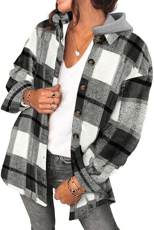 Womens Long Sleeve Button Down Plaid Shirts Flannel Hooded Shacket Jacket WILLLUXE