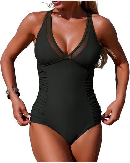 2026 Womens One Piece Swimsuits Criss Cross Back Ruched Slimming Bathing Suit Sexy Mesh Patchwork Swimwear
