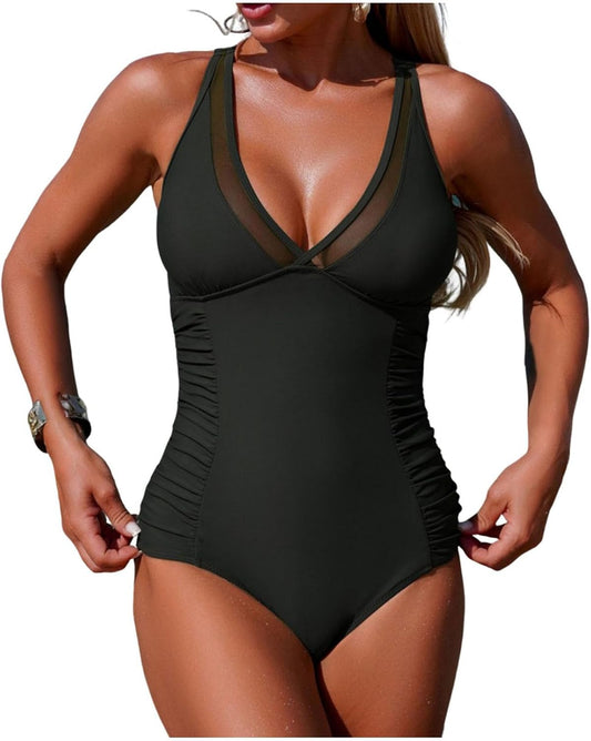 2026 Womens One Piece Swimsuits Criss Cross Back Ruched Slimming Bathing Suit Sexy Mesh Patchwork Swimwear