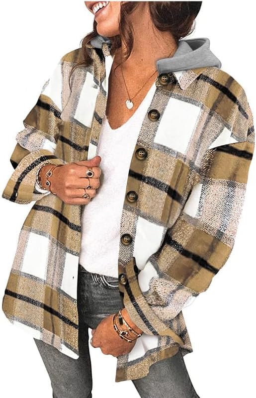 Womens Long Sleeve Button Down Plaid Shirts Flannel Hooded Shacket Jacket WILLLUXE