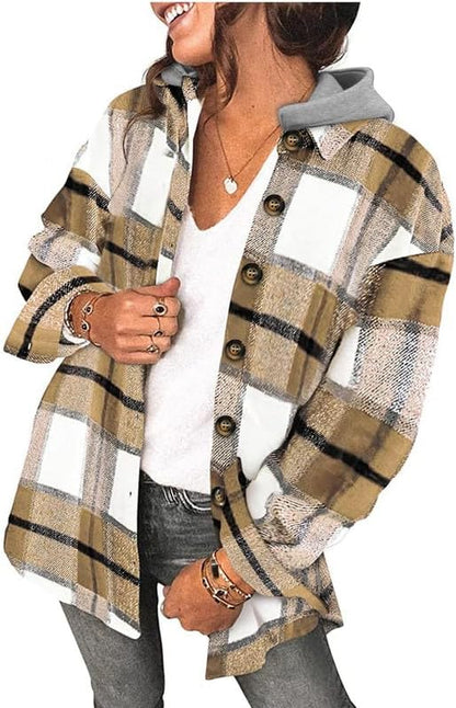 Womens Long Sleeve Button Down Plaid Shirts Flannel Hooded Shacket Jacket WILLLUXE