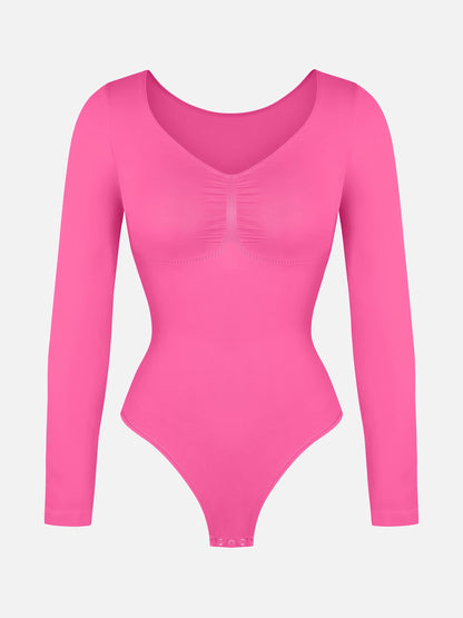 Willluxe Seamless Long Sleeve Chest Support Tummy Control Thong Bodysuit