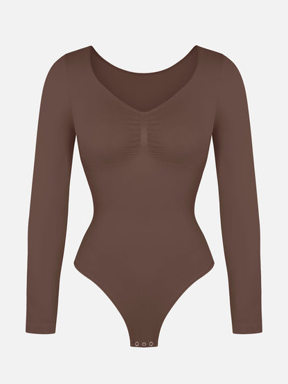Willluxe Seamless Long Sleeve Chest Support Tummy Control Thong Bodysuit