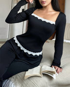Willluxe® CozyEase – Black Long-Sleeve Lace-Trim Pajama Set