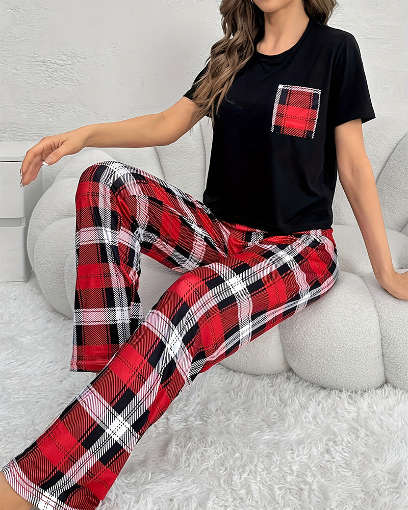 Willluxe® CozyWear – Black Short-Sleeve & Red Plaid Pajama Pants Set