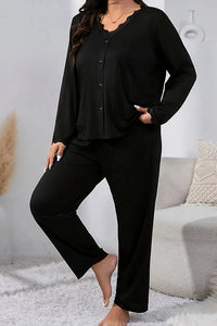Willluxe® CozyWear – Black Long-Sleeve Lace-Trim Pajama Set
