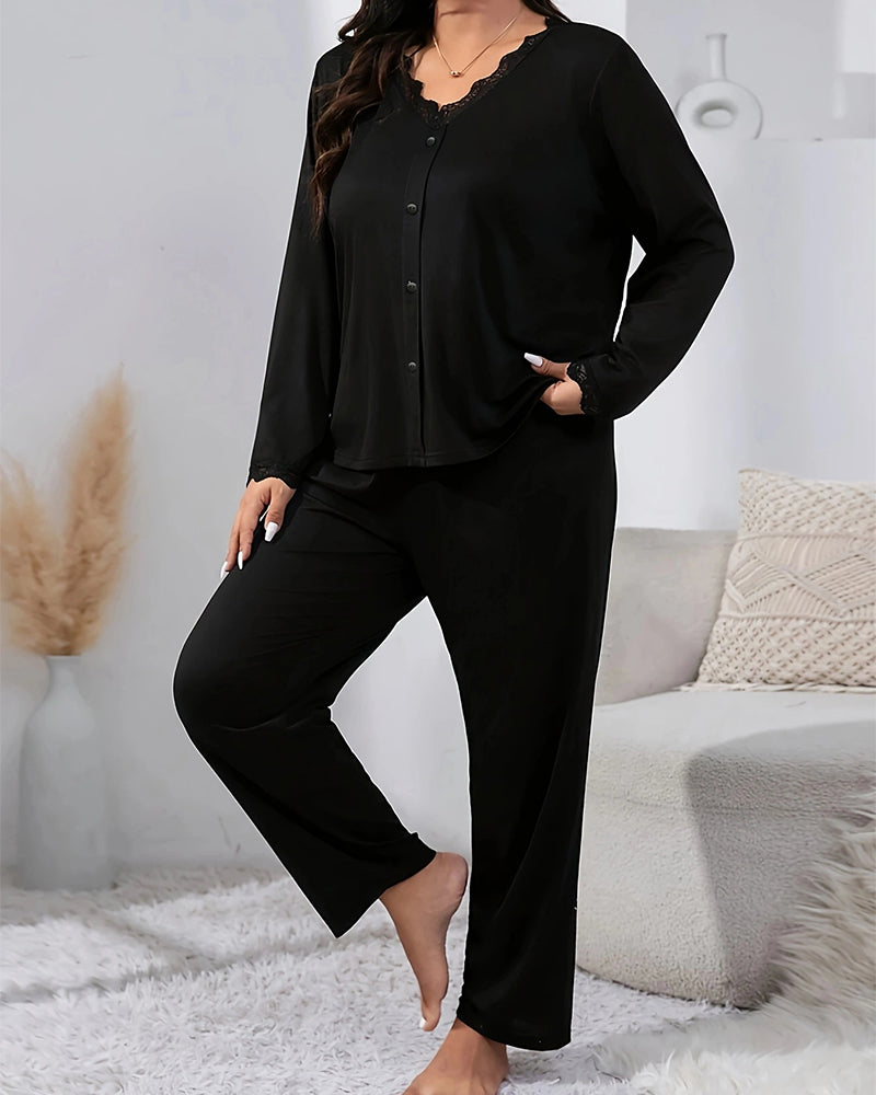 Willluxe® CozyWear – Black Long-Sleeve Lace-Trim Pajama Set