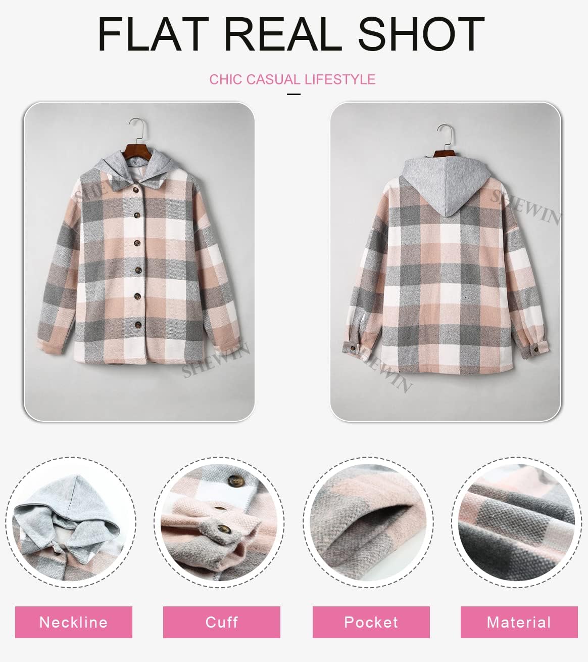 Womens Long Sleeve Button Down Plaid Shirts Flannel Hooded Shacket Jacket WILLLUXE