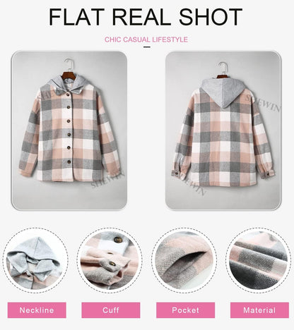 Womens Long Sleeve Button Down Plaid Shirts Flannel Hooded Shacket Jacket WILLLUXE