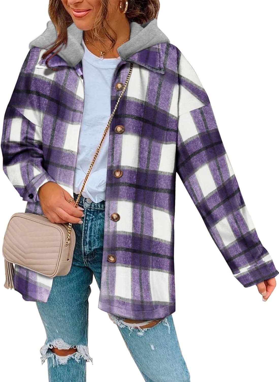 Womens Long Sleeve Button Down Plaid Shirts Flannel Hooded Shacket Jacket WILLLUXE