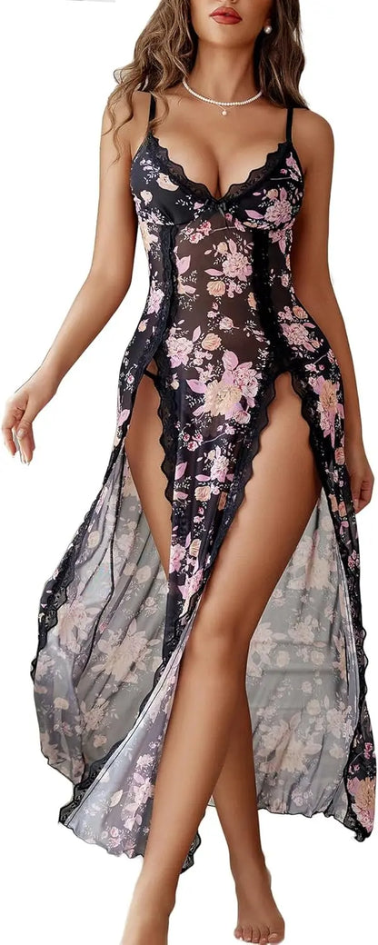 Willluxe® Lace Chemise Sexy Mesh Nightdress V Neck Side Split Nightgown Willluxe Store