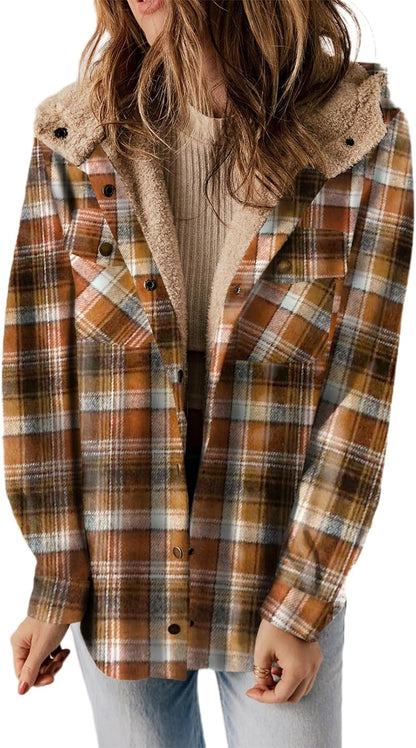 Straight Size Womens Flannel Plaid Shacket Long Sleeve Button Down Fleece Hooded Jacket WILLLUXE