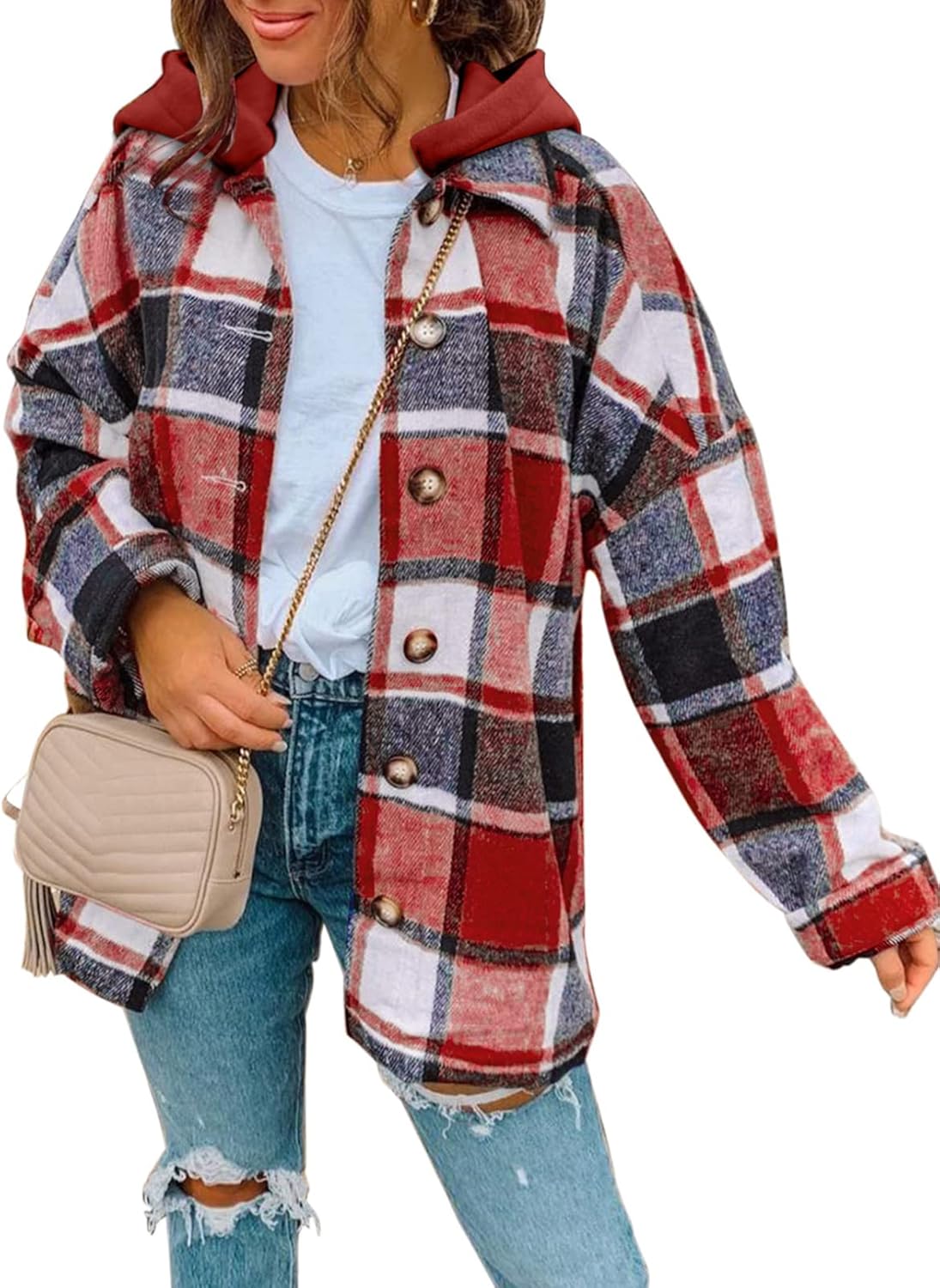 Womens Long Sleeve Button Down Plaid Shirts Flannel Hooded Shacket Jacket WILLLUXE