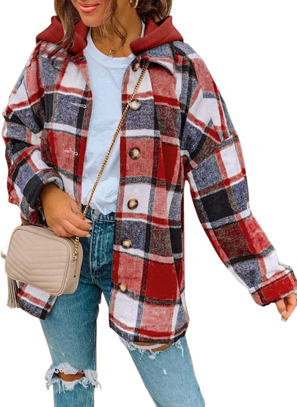 Womens Long Sleeve Button Down Plaid Shirts Flannel Hooded Shacket Jacket WILLLUXE