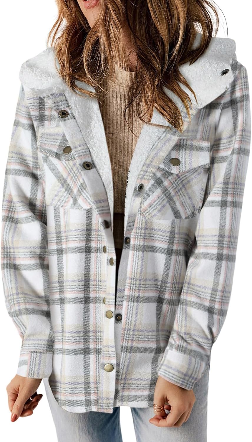 Plaid Shacket Jacket Long Sleeve Button Down Fleece Hooded Jackets Warm Coat WILLLUXE