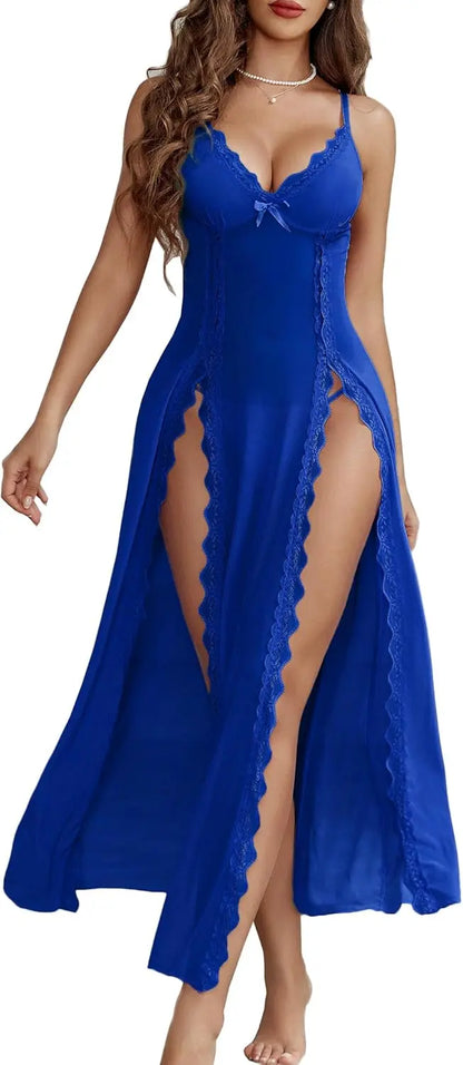 Willluxe® Lace Chemise Sexy Mesh Nightdress V Neck Side Split Nightgown Willluxe Store