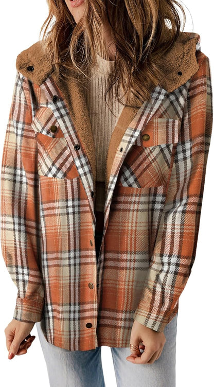 Plaid Shacket Jacket Long Sleeve Button Down Fleece Hooded Jackets Warm Coat WILLLUXE