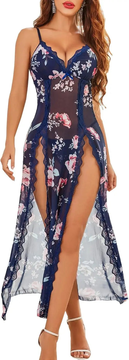 Willluxe® Lace Chemise Sexy Mesh Nightdress V Neck Side Split Nightgown Willluxe Store