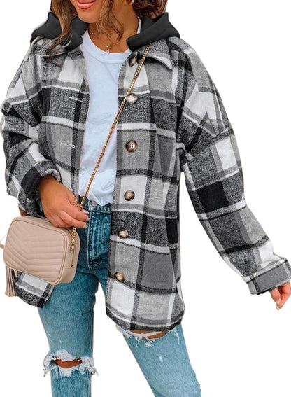 Womens Long Sleeve Button Down Plaid Shirts Flannel Hooded Shacket Jacket WILLLUXE