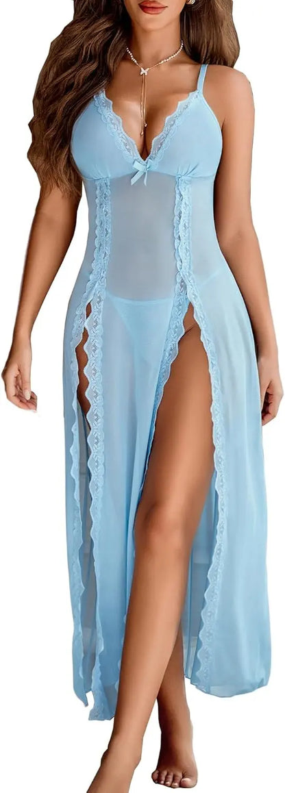 Willluxe® Lace Chemise Sexy Mesh Nightdress V Neck Side Split Nightgown Willluxe Store