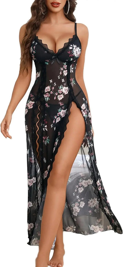 Willluxe® Lace Chemise Sexy Mesh Nightdress V Neck Side Split Nightgown Willluxe Store